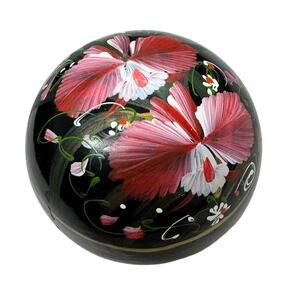Vintage Black Pink Hand Painted Flower Lacquer Trinket Box Round Small